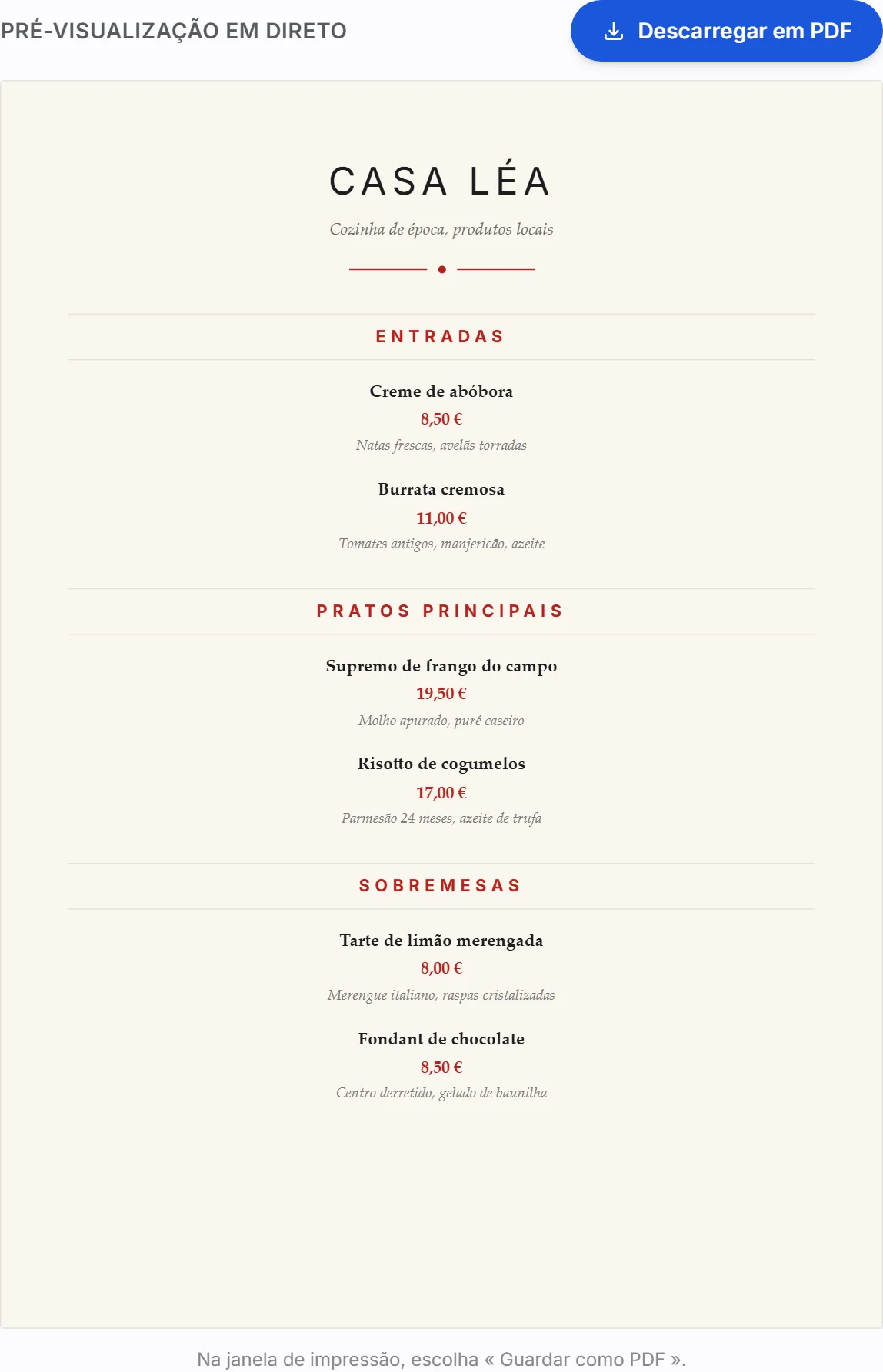 A pré-visualização do criador XPRIO com o tema Elegante sobre fundo creme