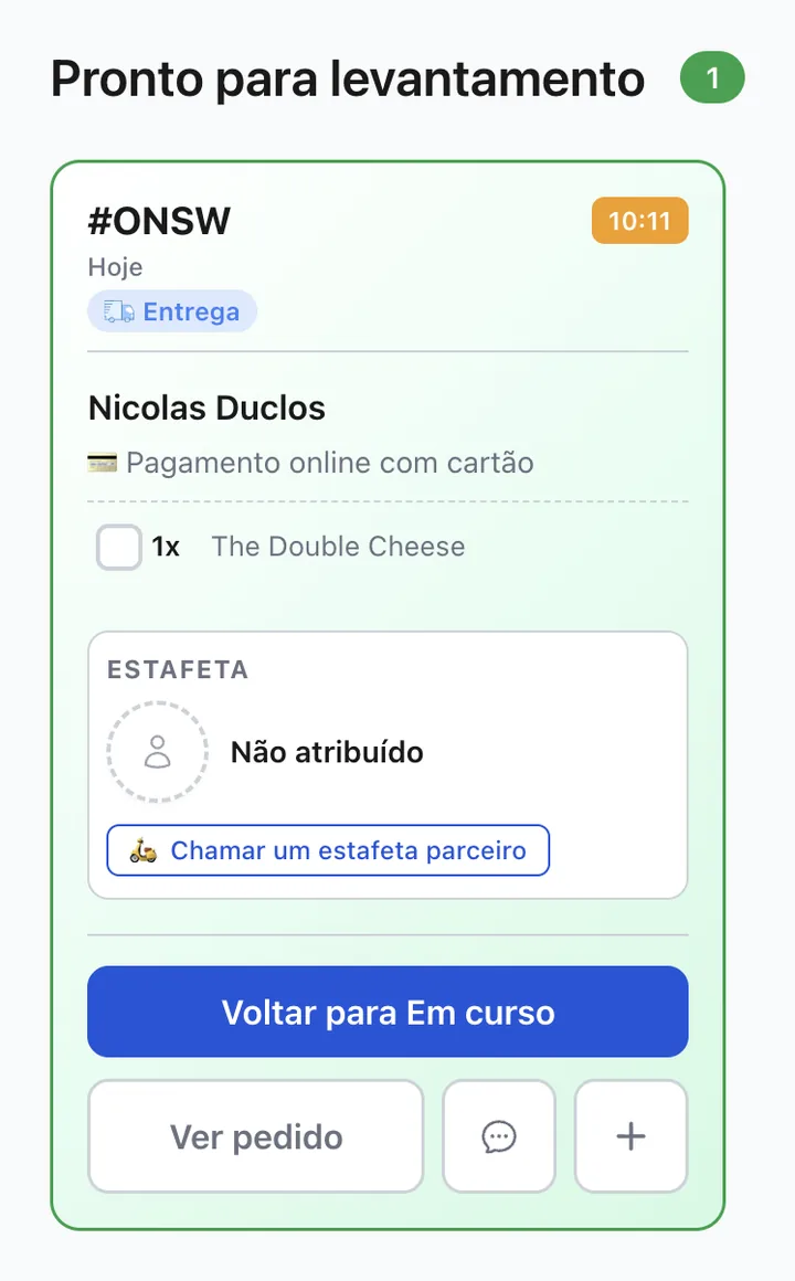 Ecrã de pedidos XPRIO: botão «Chamar um estafeta parceiro» num pedido sem estafeta