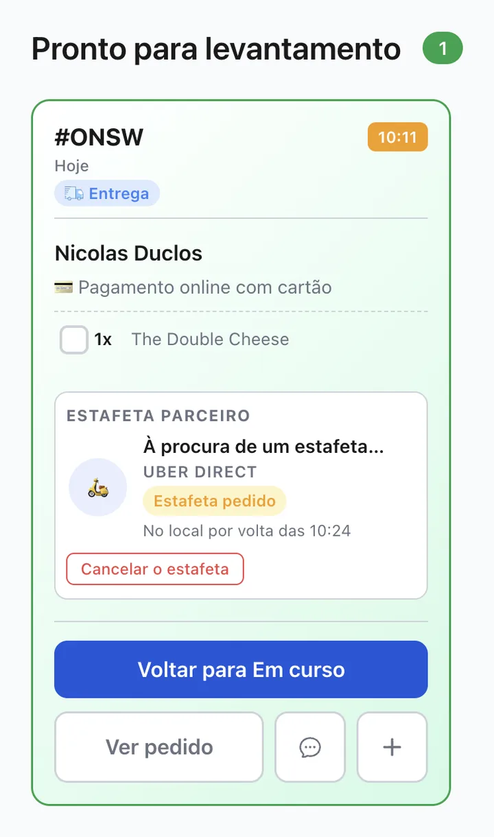 Ecrã de pedidos XPRIO: estafeta Uber Direct pedido, hora de chegada visível