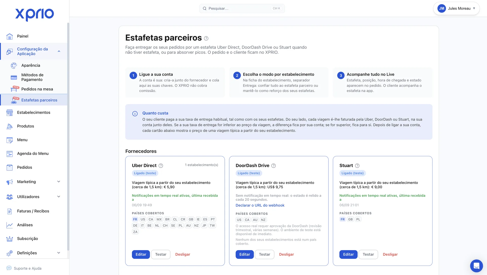 Definições XPRIO: estafetas parceiros Uber Direct, DoorDash Drive e Stuart ligados