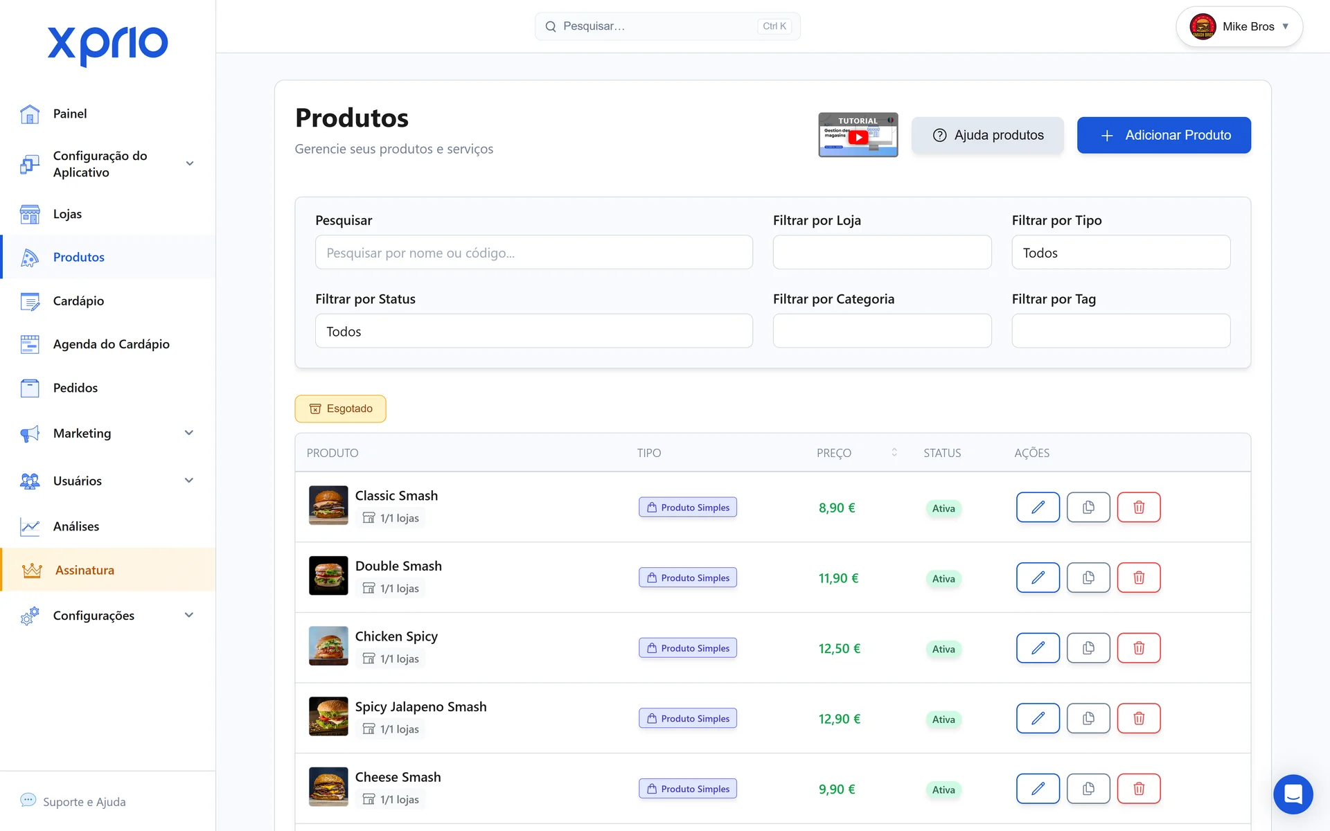 Gestão de produtos e stock para restaurante: interface de administração XPRIO