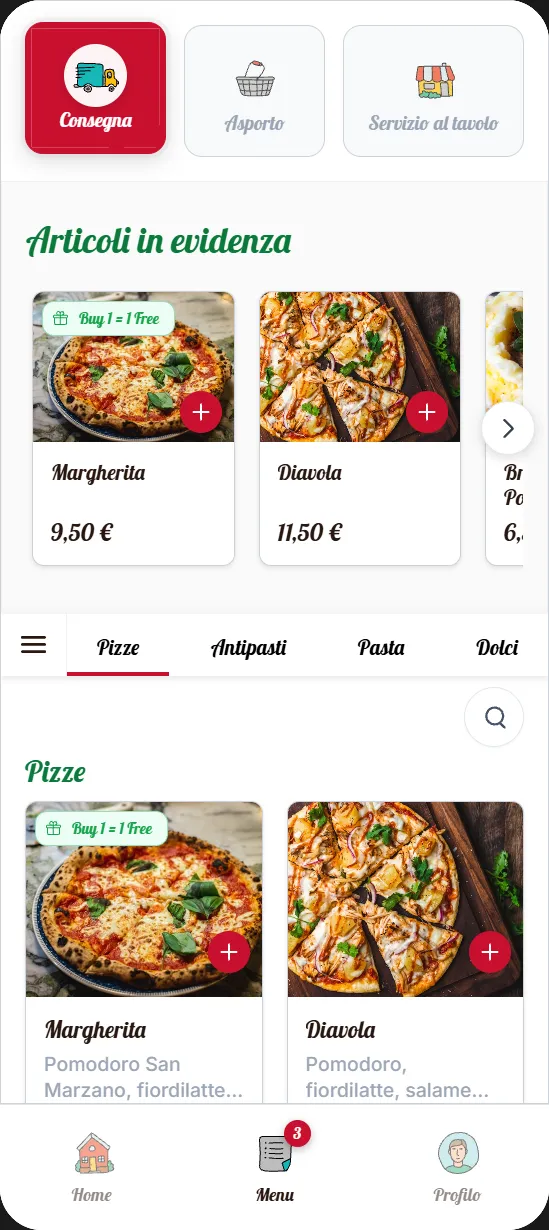Client mobile app preview: Bella Napoli theme